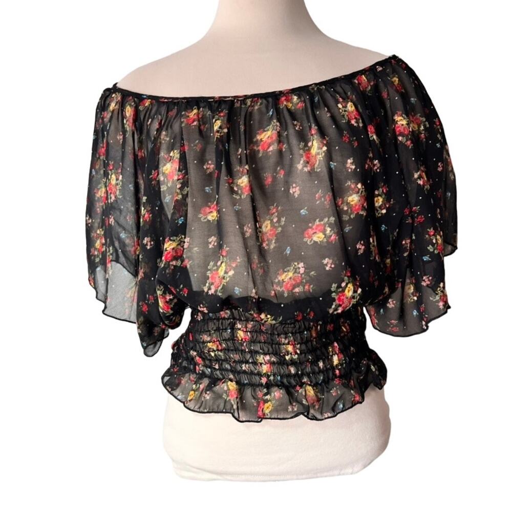 Roommates Top Womens Small Black Sheer Floral Smocked Boat Neck Flowy Romantic